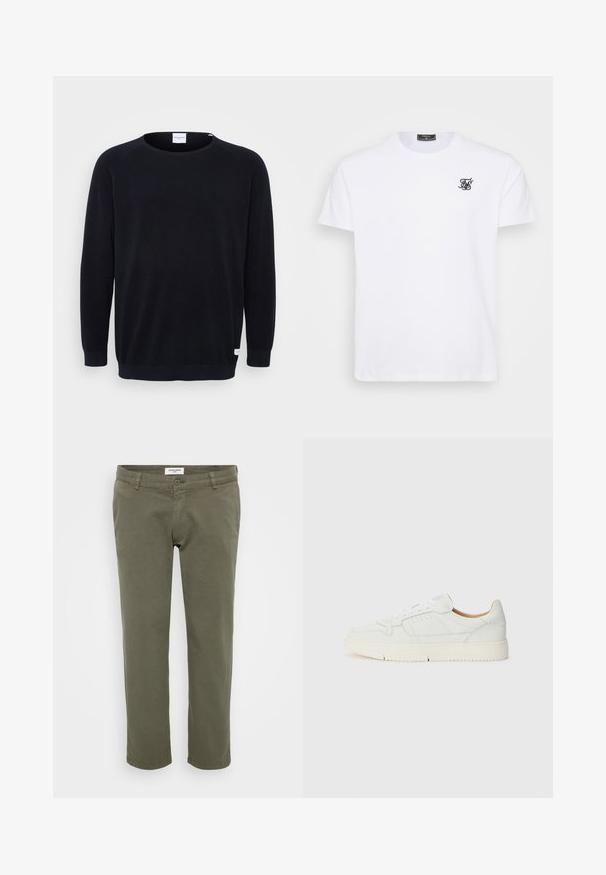 Pull en tricot noir avec un col rond et de longues manches raglan. Présente des poignets et un ourlet côtelés, un tissu texturé et une petite étiquette au niveau de l'ourlet.; T-shirt en coton blanc avec un col rond. Présente un petit logo brodé noir sur la poitrine. Manches courtes et coupe droite.; Chinos vert olive avec une coupe droite, fabriqués en coton avec une légère texture, dotés d'une fermeture à bouton et de passants de ceinture.; Sneaker en cuir blanc avec une surface texturée, un bout arrondi et des détails perforés. Il dispose de lacets blancs et d'une semelle en caoutchouc beige clair.