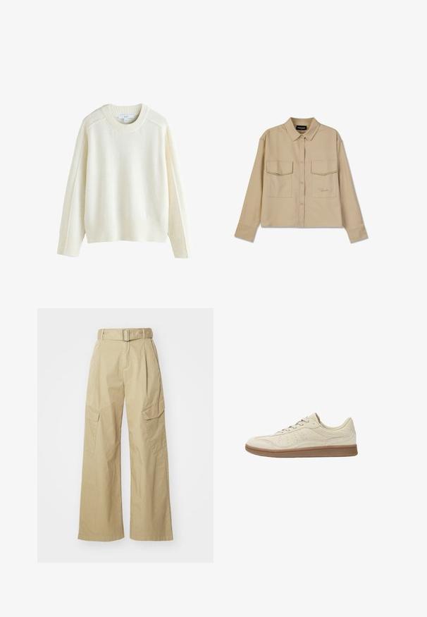 Next CREW NECK - Striktrøje - ecru; Beige langærmet skjorte lavet af blødt stof, med knaplukning, to brystlommer og lige kant. Subtil logo broderi foran.; Beige cargo bukser med vid ben, lavet af letvægtsstof. Har en bæltestrop i taljen, to sidelommer og markante frontfold.; Lysebeige sneakers lavet af ruskind med en glat tekstur; har en gummisul, runde snørebånd og diskrete perforeringer på siderne.