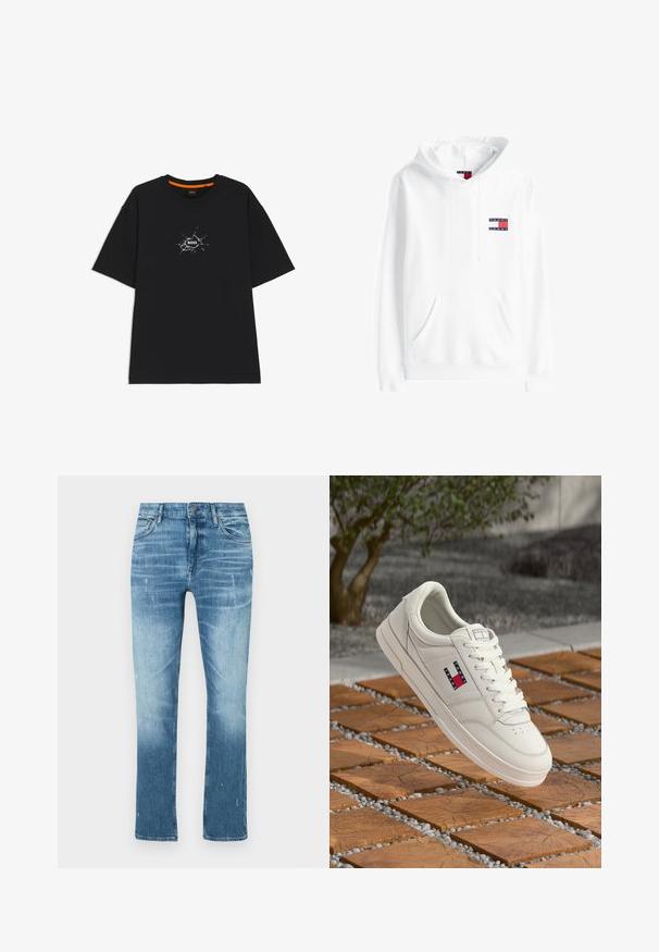 Hvid hoodie lavet af blødt stof, med en frontlomme, snoretræk i hætten og et lille logo-patch i rød, navy og hvid.; Sort T-shirt med korte ærmer og rund halsudskæring, med en hvid, sprække-lignende grafik i midten med ordet "BOSS".; Lysblå lige ben jeans lavet af denim, med en falmet finish, subtil slid og traditionelt fem-lomme design.; Hvid lædersneaker med flad sål, der har en lille logo i rød, hvid og blå. Enkel design med rund tå og snørebånd foran.