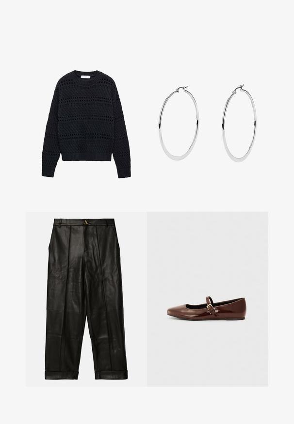 Mango MARINER - Trui - royal blue; AERON ZIMA PANTS - Leren broek - black; Bruine gepatineerde leren balletschoen met een vierkante neus en een bandje met een kleine gouden gesp. Gladde textuur, lage hak en minimalistisch ontwerp.; Grote zilveren creolen met een gepolijste metalen afwerking, met een glad, circulair ontwerp en een veilige sluiting.