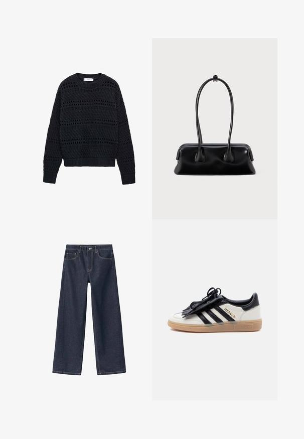 Mango MARINER - Striktrøje - royal blue; Mørkeblå denim bukser med vid ben, høj talje, synlige syninger, to forlommer og en knaplukning i taljen.; Hvid og sort Adidas Spezial-sneaker med gummisål, sorte striber og sort snørebåndsdække på en ensartet lys baggrund.; Sort læderhåndtaske med to forlængede håndtag, en glat tekstur og en rund bund med dekorative detaljer på siderne.