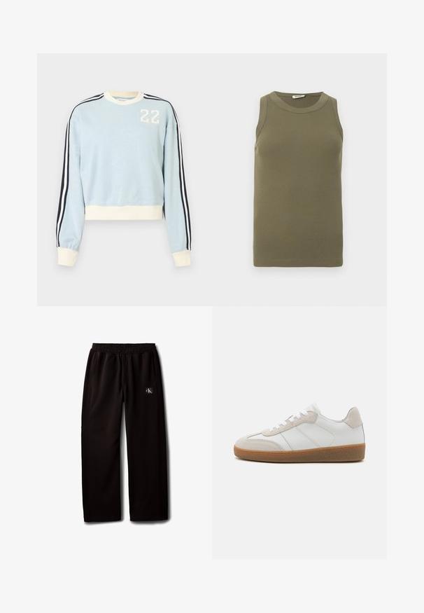 Lyseblå sweatshirt med lange ærmer, hvide manchetter og kant, sort-hvide striber på ærmerne og hvidt "22" trykt på brystet.; Ærmeløs olivengrøn top lavet af ribstrikket stof, med rund halsudskæring og tætsiddende silhuet med rene kanter.; Sorte vidde bukser med elastisk taljebånd og sidelommer, med en lille Calvin Klein-logo patch på højre lår.; Hvide lædersneakers med beige ruskindsdetaljer, struktureret tunge og gummisål. Har hvide snørebånd og diskrete stikninger.