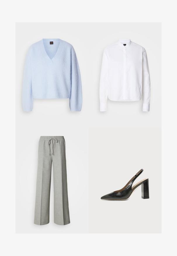 Pull en tricot cropped bleu clair avec un décolleté en V et des manches longues, présentant une texture douce et un minimum de détails de coutures.; Chemise blanche à col avec patte de boutonnage à l'avant, manches longues et poignets à boutons. Fabriquée en coton lisse avec une coupe structurée.; Pantalon ample gris clair avec taille élastique et cordon de serrage, poches avant, et tissu texturé subtil.; Chaussure slingback en cuir noir à bout pointu avec un talon bloc haut et une doublure intérieure beige sur un fond clair uni.