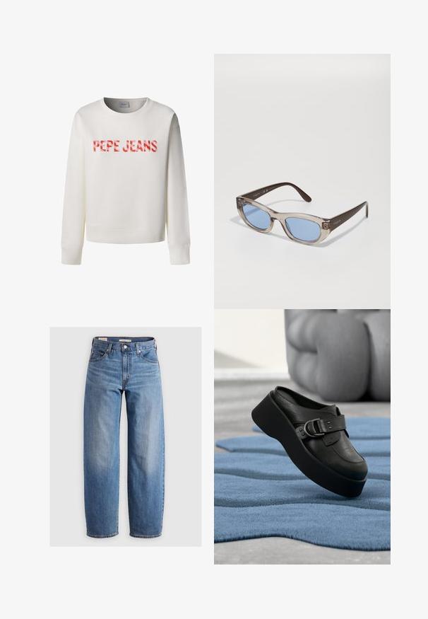 Valge pika varrukaga dressipluus soonikkoes mansettide ja äärega, millel on rinnal punase ja roosa geomeetrilise mustriga "PEPE JEANS" tekst.; Heledsinise otse jalga minevate teksade materjaliks on denim. Esitletud on klassikaline viie tasku disain ja peen kulumine jalgade lõikes.; Must nahast platvormkannaga jalanõu suure pandlaga, mis asub tekstuuritud lainelisel sinisel vaibal ja hägusalt hallil taustal.; Selge, ristkülikukujulised raamid ja sinised objektiivid. Omab pruunidest templivarrastest, millel on reljeefne "vogue" bränding.