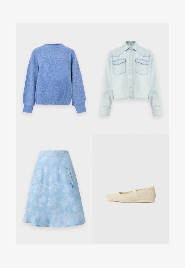 Langærmet blåmeleret strikket sweater med ribbet kant ved ærmer og bund, rund halsudskæring, vist på hvid baggrund.; Lyseblå denimjakke med lange ærmer, trykknaplukning foran, to brystlommer med klap og en spids krave.; Denim A-linje nederdel i lys blå med subtilt blomstermønster, som har to sidelommer og en glat, kantet finish.; Lysebrune ballet flats med en glat læderoverflade, mandelformet tå og elastisk rem over vristen, med diskrete syninger.