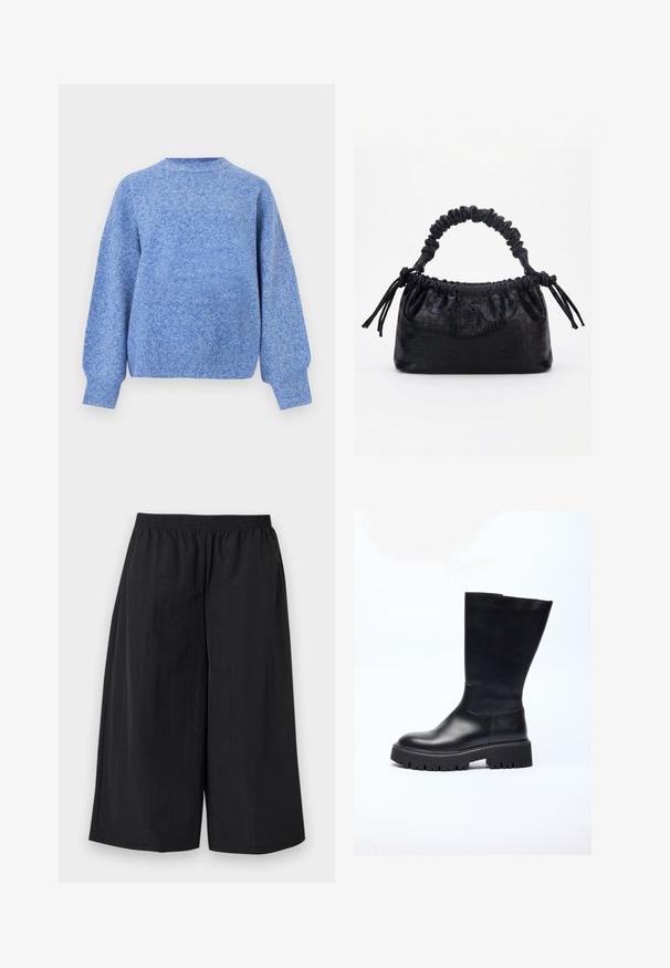 Langærmet blåmeleret strikket sweater med ribbet kant ved ærmer og bund, rund halsudskæring, vist på hvid baggrund.; Sorte vidde cropped bukser med elastisk talje, lavet af let stof, vist mod en ensfarvet baggrund.; Sorte læder knæhøje støvler med en chunky sål, designet med en glat tekstur, rund tå og minimalistisk silhuet.; Sort taske med krokodilletekstur, rynket øverste kant, samlet hank og snore med kvaster på hver side mod en hvid baggrund.