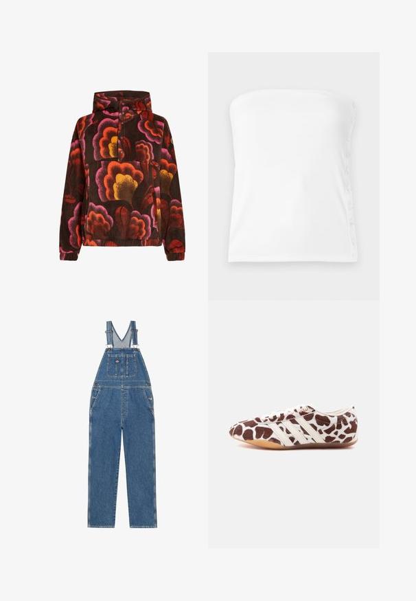 Pullover fleece med pink, orange og gule blomster mønstre på en mørkebrun baggrund. Har hætte og knaplukning. Blød tekstur.; Hvid top uden skuldre lavet af ribbet stof, med en lige udskæring og knapper langs den højre side for justerbar pasform.; Denim overalls med justerbare stropper, V-formet brystlomme, frontlomme og sidelommer. Har en klassisk blå farve og kontrastsyninger.; Lavprofilsneaker med brunt og hvidt giraffepelsmønster og hvide læderstriber, set fra siden på en hvid baggrund.
