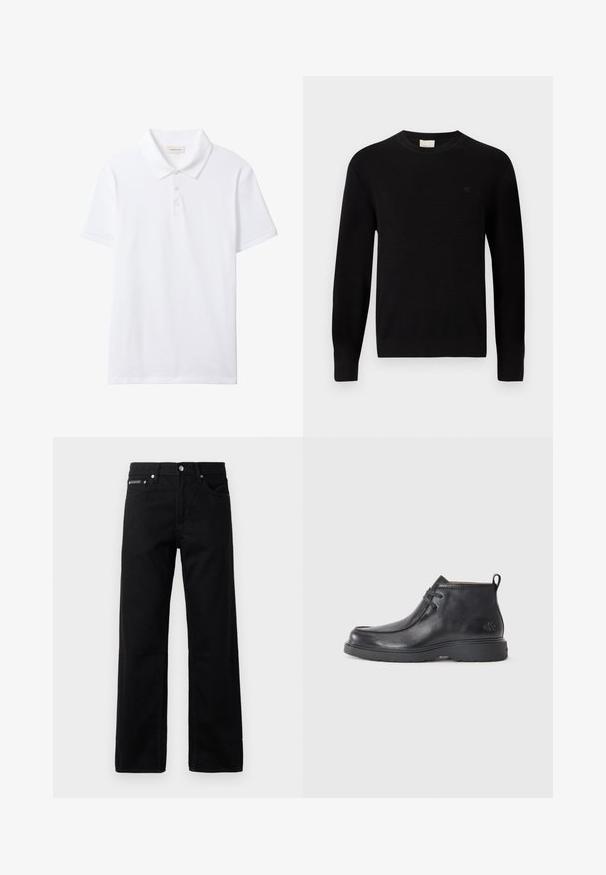 Calvin Klein Striktrøje - black; Hvid kortærmet poloshirt med krave og tre-knaps knapstolpe, ensfarvet front og en lille Calvin Klein Jeans label indeni kraven.; Sorte denim jeans med lige ben, fem lommer og et logo-tag foran, med metalbeslag og en glat tekstur.; Sorte læder ankelstøvler med rund tå, snørelukning og en løkke bagpå. Tekstureret overdel og gummisål.
