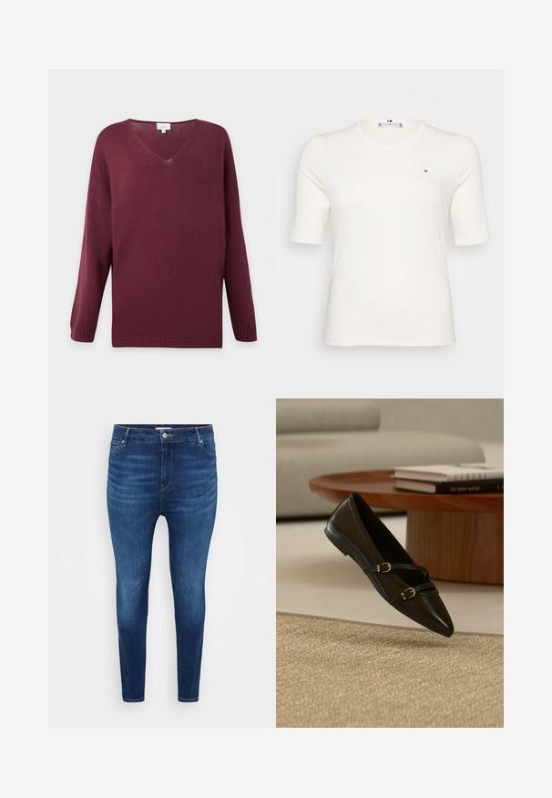 Bordeauxfarbener Pullover mit V-Ausschnitt und langen Ärmeln, mit gerippten Bündchen und Saum, auf einfachem hellgrauem Hintergrund dargestellt.; Rippenshirt mit kurzen Ärmeln in cremefarbener Farbe und kleinem Logo auf der linken Brust. Lässiges, figurnahes Design, das für verschiedene Anlässe geeignet ist.; Dunkelblaue Skinny-Jeans mit vorderen Taschen, Gürtelschlaufen und einem Knopfverschluss auf einem schlichten hellen Hintergrund.; Schwarzer flacher Schuh mit spitzer Zehenpartie und zwei dünnen Schnallenriemen, der über einem beigen Teppich schwebt, mit einem Holzcouchtisch und Büchern im Hintergrund.