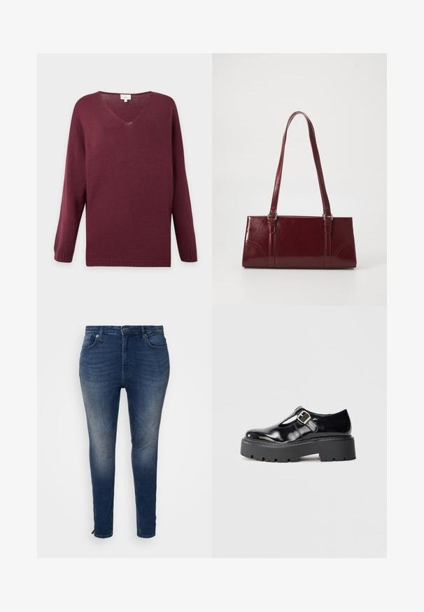 Jersey burdeos de manga larga con cuello en V y puños y bajo acanalados, mostrado sobre un fondo liso gris claro.; Jeans de mezclilla de color azul oscuro con un diseño ajustado, cinco bolsillos, costuras en contraste y un detalle de dobladillo con cremallera en los tobillos.; Zapato Mary Jane de charol negro con hebilla plateada y suela gruesa negra, exhibido sobre un fondo gris liso.; Bolso burdeos hecho de material brillante, de forma rectangular, con dos asas para el hombro y sutiles acentos curvados en la parte frontal.