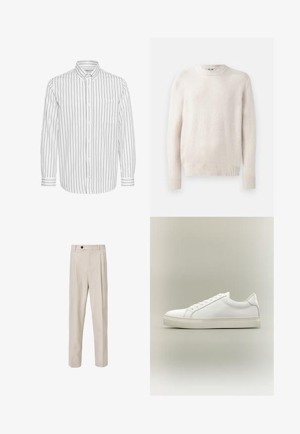 Licht beige sweater met ronde hals en geribde manchetten. Zachte textuurstof met lange mouwen en een rechte zoom. Minimalistisch design.; Witte overhemd met lange mouwen, zwarte verticale strepen, knoopsluiting kraag, enkele borstzak en contrasterende gestreepte manchetten.; Beige op maat gemaakte broek met een recht model, voorzien van voorplooien, een knoopsluiting en een gladde stofstructuur.; Witte lage sneaker met veters aan de voorkant en dikke zool, zijaanzicht tegen een neutrale achtergrond.