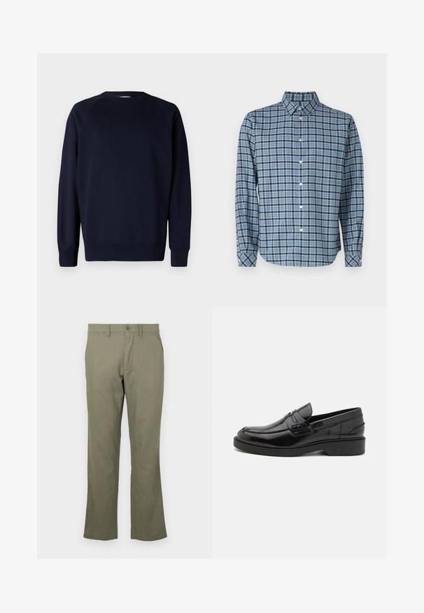 Marineblaues Sweatshirt mit langen Ärmeln, Raglanärmeln, rundem Ausschnitt, gerippten Bündchen und Saum. Glattes Baumwollmaterial, minimalistisches Design.; Hemd aus gewobenem Baumwollstoff, blau-schwarz kariert, mit langen Ärmeln, Kragen, weißen Knöpfen und verstellbaren Manschetten.; Lässige olivgrüne Hose aus einem weichen Stoff. Mit geradem Beinschnitt, Fronttaschen und Knopfverschluss. Keine sichtbaren Muster.; Schwarze Lederloafers mit glatter Oberfläche, abgerundetem Zehenbereich, niedrigem Absatz und dekorativer Naht entlang der Vorderseite. Gummisohle für guten Halt.