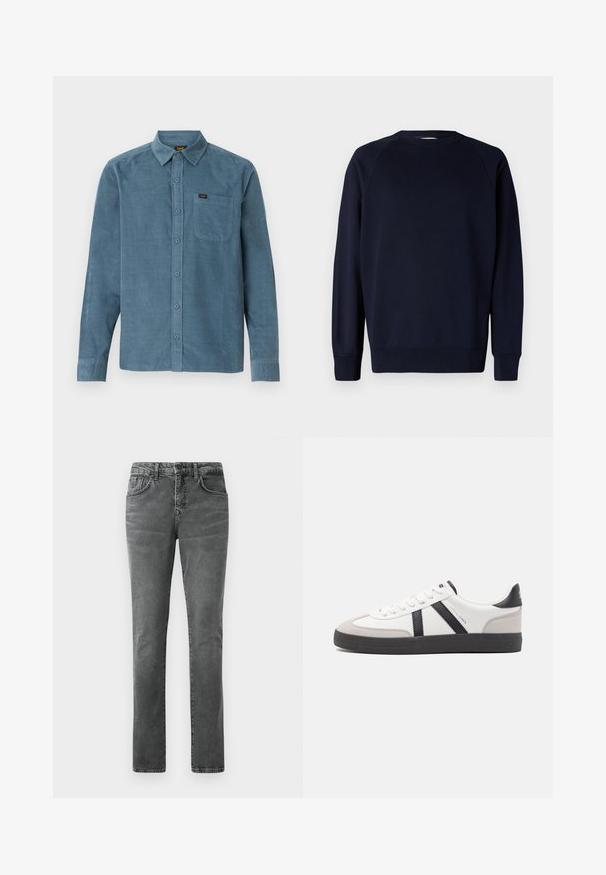 Tummansininen pitkähihainen huppari, jossa on raglan-hihat, pyöreä kaula-aukko, ribbauskaira ja helma. Sujuva puuvillakangas, minimalistinen muotoilu.; Pitkähihaiseen siniseen corduroy-paitaan kuuluu napillinen kaulus, etutasku ja hillitty brändäys taskussa.; Harmaat farkut suoran lahkeen istuvuudella, viisi taskua, hillitty haalistunut kuviointi ja vyölenkit. Ei näkyvää brändäystä tai koristeita.; Valkoiset lenkkarit mustilla ja harmailla yksityiskohdilla, joissa on teksturoitu harmaa kärki, musta kumipohja ja litteät valkoiset nauhat. Siisti muotoilu, minimalistinen tyyli.