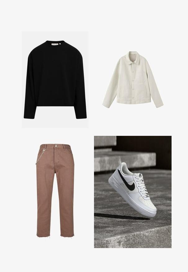 Sort sweatshirt med lange ærmer og rund hals, med en lige kant forneden og en "Redefined Rebel"-label ved halsudskæringen.; Lys beige knap-op jakke med krave, lange ærmer, en brystlomme og to sidelommer, vist på en hvid baggrund.; Brune denimbukser med et lige ben-design, der har frynset kanter og en sølvkæde som accent, der er fastgjort til taljebåndet.; Hvid Nike Air Force 1-sneaker med sort swoosh, snørebånd bundet, placeret i luften over tekstureret betonoverflade udendørs.