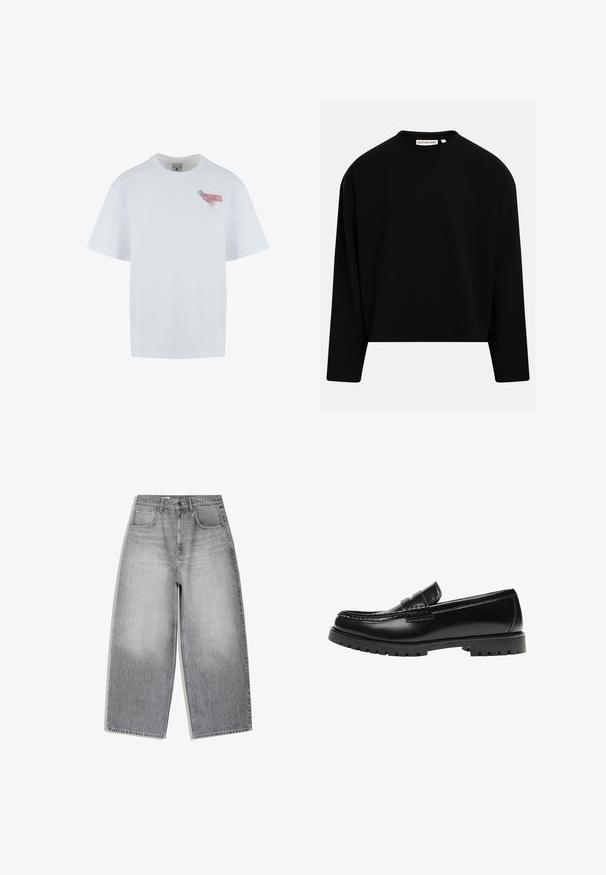 Schwarzes Sweatshirt mit langen Ärmeln und Rundhalsausschnitt, geradem Saum und einem "Redefined Rebel" Etikett am Halsausschnitt.; Weißes Baumwoll-T-Shirt mit Rundhalsausschnitt, kurzen Ärmeln und einem bunten Grafik-Patch auf der linken Brust, das Text und Muster zeigt.; Hoch taillierte graue Jeans aus Denim mit weitem Bein, Vordertaschen und Knopfverschluss, flach auf weißem Hintergrund präsentiert.; Schwarzer Leder-Slipper mit dicker Gummisohle und klassischem Penny-Detail an der Riemen, von der Außenseite gezeigt.
