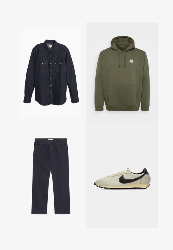 Olivgrüner Hoodie aus weichem Baumwollmix, mit einer Fronttasche, Kordelzugkapuze und weißem Logo auf der Brust.; Dunkelblauses Denim-Hemd mit langen Ärmeln und spitzem Kragen, zwei Brusttaschen, weißen Knöpfen und kontrastierendem gelbem Stich. Glattes, robustes Material.; Dunkelblaue Denim-Jeans mit geradem Bein, fünf Taschen und einer klassischen Knopf- und Reißverschlussöffnung. Merkmale sind kontrastierende Nähte.; Beige Leinensneaker mit schwarzen Lederelementen, runder Spitze, flacher schwarzer Außensohle und weißen Schnürsenkeln. Hat ein auffälliges schwarzes Logo.