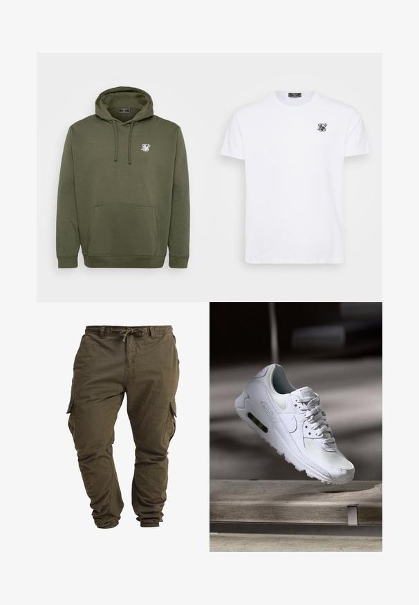 Sudadera verde oliva hecha de una suave mezcla de algodón, con un bolsillo frontal, capucha con cordón y logo blanco en el pecho.; Camiseta de algodón blanca con cuello redondo. Presenta un pequeño logo negro bordado en el pecho. Mangas cortas y corte recto.; Pantalones cargo de color verde oliva hechos de algodón suave, con cordón ajustable en la cintura, puños elásticos y bolsillos laterales. ; Zapatilla Nike Air Max 90 blanca con parte superior de malla y cuero, caja de puntera perforada y unidad de aire visible en el talón.