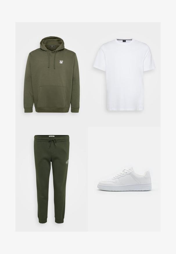 Hoodie vert olive en mélange de coton doux, avec une poche avant, un capuchon avec cordon de serrage et un logo blanc sur la poitrine.; T-shirt en coton blanc avec un col rond et des manches courtes. Présente une étiquette de marque discrète au niveau du cou. Texture lisse, coupe classique.; Pantalons de survêtement vert olive en coton doux mélangé, avec une taille élastique à cordon de serrage et des poignets côtelés aux chevilles.; Baskets blanches en matière synthétique lisse, avec des lacets plats, une pointe perforée et une semelle en caoutchouc dotée d'un motif de grip texturé.