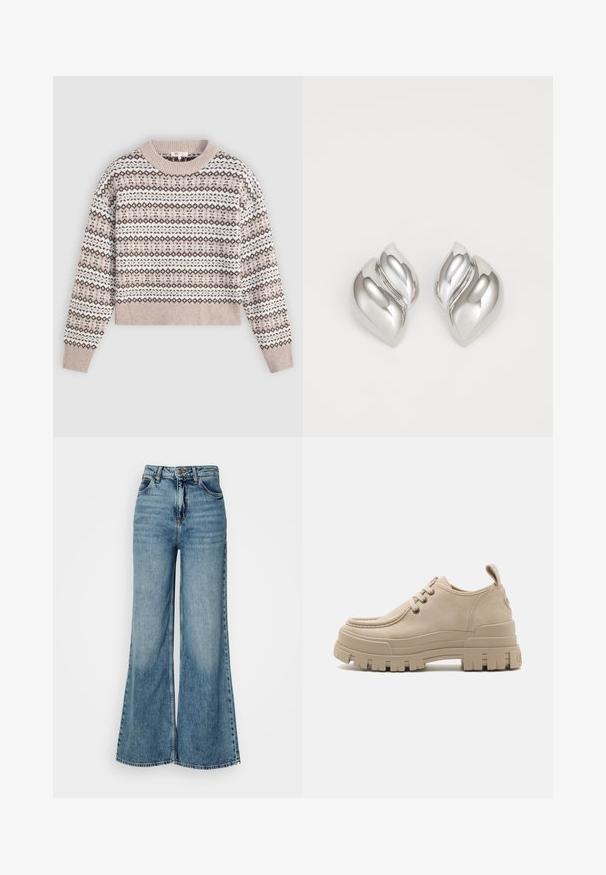 Pull en tricot de couleur beige clair avec un motif géométrique marron et blanc. Doté d'un col rond et de poignets et d'un ourlet côtelés. Design court.; Jean en denim taille haute, bleu clair, à jambes larges, avec poches avant et fermeture à bouton, présenté sur un fond blanc uni.; Chaussures beiges à lacets avec un dessus en cuir texturé, semelle en caoutchouc épaisse, et des détails cousus le long des orteils. Construction solide avec une languette.; Boucles d'oreilles en argent avec une forme organique et abstraite. Surface lisse et brillante avec un design effilé. Présente des courbes subtiles et un détail central en ligne.