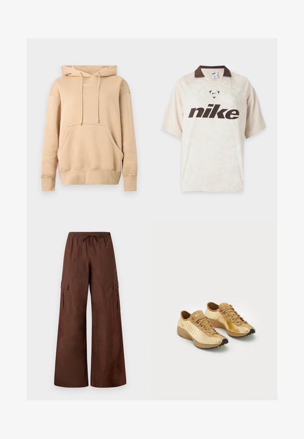 Sweat à capuche beige avec poche kangourou à l'avant, cordons de serrage, poignets et ourlet côtelés, et petit logo Nike blanc sur la poitrine.; T-shirt Nike beige clair à manches courtes avec col brun foncé et grand logo Nike brun foncé sur le devant.; Pantalon cargo marron à jambes larges avec une taille élastique, un cordon de serrage, des poches à rabat latérales et des détails à boutons-pression aux ourlets.; Une paire de sneakers Nike Air beige et tan avec des détails perforés, des lacets et des semelles noires accentuées de petites taches vertes.