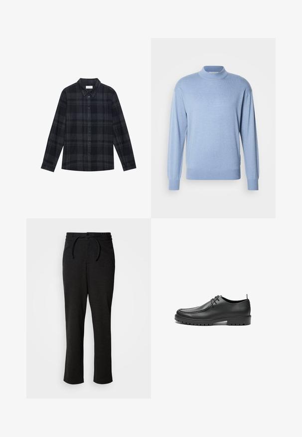 Scotch & Soda SEASONAL CORE DROPPED SHOULDER MOCK NECK - Pullover - faded denim; Chemise en flanelle à carreaux noirs et gris, avec un devant à boutons, des manches longues et un design de col classique.; Pantalons en tricot noirs avec un waistband à cordon de serrage, coupe droite et poches latérales. Texture douce avec une finition lisse.; Chaussures en cuir noir avec une finition lisse, bout arrondi et coutures décoratives. Elles possèdent une semelle en caoutchouc avec des rainures de traction et un laçage.