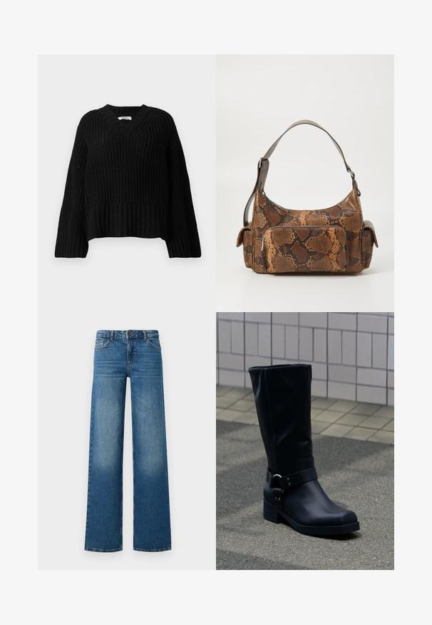 Sort strikket sweater med V-udskæring, der har et struktureret mønster, brede ærmer og en cropped kant. Ribdede manchetter og bundkant.; Bredde ben blå jeans med en falmet vask, fem lommer og en knaplukning. Fremstillet af denim med en glat, robust tekstur.; Sort læderstøvle midt på læggen med lav blokhæle og en dekorativ rem med metal spænde rundt om anklen, på en flisebelagt fortov.; Brun slangemønster håndtaske med en tekstureret overflade, et buet design, en enkelt skulderrem og en frontlynlås-lomme.