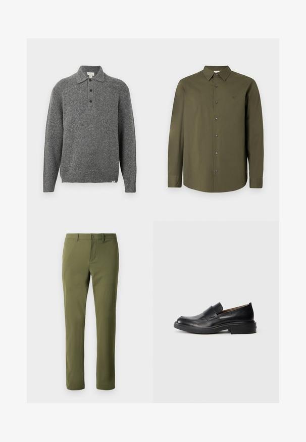 Pull-over gris en maille avec col polo, patte de boutonnage à cinq boutons, manches longues et poignets côtelés ; présente un tissu texturé avec de subtils flocons.; Chemise à manches longues vert olive foncé avec col pointu, boutons noirs et un logo discret sur la poitrine. Texture de tissu lisse et unie.; Pantalons verts olive en tissu lisse avec une coupe droite, dotés d'une fermeture à bouton et de passants de ceinture. Pas de motifs ni d'accents visibles.; Chaussure habillée noire en cuir, à enfiler, avec un petit talon et un logo Calvin Klein discret sur le côté, présentée de profil sur un fond blanc.