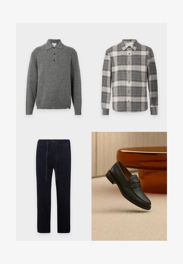 Pull-over gris en maille avec col polo, patte de boutonnage à cinq boutons, manches longues et poignets côtelés ; présente un tissu texturé avec de subtils flocons.; Chemise à manches longues à carreaux noir et crème. Dotée d'un devant à boutons, d'un col classique et d'un motif à carreaux varié. Texture de tissu douce.; Pantalons en velours côtelé bleu marine avec une surface texturée, jambes droites, taille élastique, cordon de serrage et poches avant.; Mocassin homme en cuir noir avec une bande sur le dessus, présenté sur un tapis beige près d'une table ronde moderne marron.