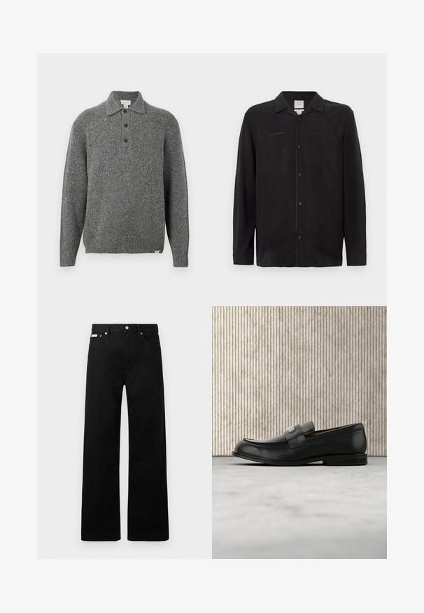 Γκρι πλεκτό πουλόβερ με γιακά πόλο, πάσμπλετ με πέντε κουμπιά, μακριά μανίκια και ριμπ μανσέτες· διαθέτει υφή υφάσματος με διακριτικές πιτσιλιές.; Μαύρο μακρυμάνικο πουκάμισο από ελαφρύ ύφασμα, με γιακά με εγκοπή, κλείσιμο μπροστά με κουμπιά και δύο τσέπες στο στήθος.; Μαύρο τζιν παντελόνι με φαρδιά γραμμή, διαθέτει πέντε τσέπες και μεταλλικά κουμπιά. Λείος υφάσματος, χωρίς ορατά σχέδια.; Μαύρο δερμάτινο μοκασίνι με μεταλλική πλάκα μάρκας που ακουμπά δίπλα σε καφέ στρογγυλό τραπέζι πάνω σε μπεζ χαλί.