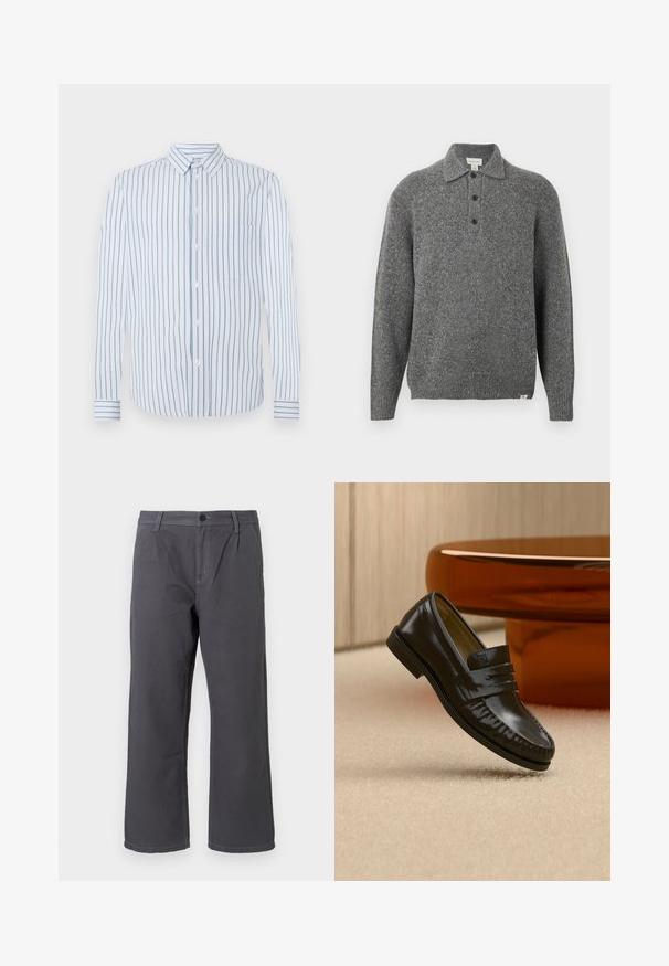 Grå strikket pullover med polokrave, fem-knaps lukning, lange ærmer og ribbede manchetter; har et tekstureret stof med subtile prikker.; Stribet skjorte med lodrette lyseblå og hvide striber, knaplukning foran og en enkelt brystlomme. Lange ærmer med knapmanchetter.; Mørkegrå bomuldsbukser med lige ben, forsynet med frontknaplukning og dekorativ syning. Har sidelommer og casual pasform.; Skinnende sort læderloafer med remdetalje, placeret på beige tæppe nær et rundt brunt sofabord i et blødt oplyst rum.