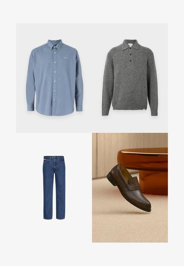 Grauer gestrickter Pullover mit Polokragen, Fünf-Knopf-Leiste, langen Ärmeln und gerippten Bündchen; zeichnet sich durch einen strukturierten Stoff mit dezenten Sprenkeln aus.; Helles blaues Langarmhemd mit Button-Down-Kragen, vorderen Knöpfen und gesticktem "Barbour"-Logo. Hergestellt aus weichem, strukturiertem Stoff.; Blaue Jeans mit geradem Bein aus Denim, mit fünf Taschen, einem Knopf- und Reißverschluss sowie dezenter Verblassung am Stoff.; Dunkelbrauner Lederschuh, der in der Luft über einem beigen Teppich mit einem polierten runden Holztisch im Hintergrund gezeigt wird.