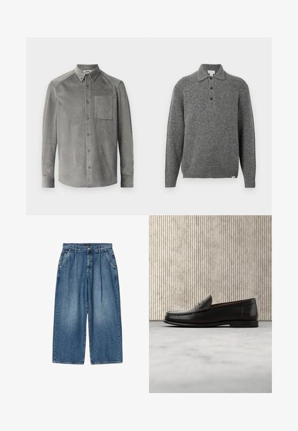 Grå strikket pullover med polokrave, fem-knaps lukning, lange ærmer og ribbede manchetter; har et tekstureret stof med subtile prikker.; Grå kordfløjl skjorte med lange ærmer, der har en frontlomme, knap-krave og vertikal ribbet tekstur; standard pasform med knaplukninger.; Bredbenede blå cowboybukser med plisseringer, sidelommer, knaplukning og bæltestropper, lagt fladt på en hvid baggrund.; Sort læder penny loafer med lav hæl, rundet tå og syningsdetaljer langs fronten og siderne, vist på neutral baggrund.