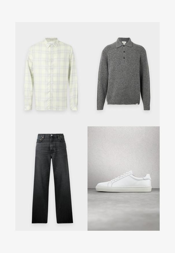 Grå strikket pullover med polokrave, fem-knaps lukning, lange ærmer og ribbede manchetter; har et tekstureret stof med subtile prikker.; Lysegul ternet langærmet skjorte med knapper og krave, vist fladt mod en hvid baggrund.; Sorte denimbukser med lige ben, der har fem lommer og knappelukning. Stof har en let glans og synlig tekstur.; Hvide sneakers med en glat læderoverdel og lav profil. Har en rund tå, seks snørehuller og en tekstureret gummisål.