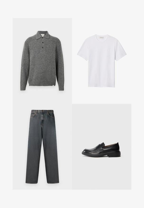 Pull-over gris en maille avec col polo, patte de boutonnage à cinq boutons, manches longues et poignets côtelés ; présente un tissu texturé avec de subtils flocons.; T-shirt blanc uni à manches courtes avec col rond, doté d'un petit logo embossé sur la poitrine gauche et d'une étiquette de marque à l'intérieur du col.; Jean en denim gris foncé avec une coupe droite, cinq poches et une fermeture à bouton et zip. Le tissu présente un léger dégradé et des coutures.; Chaussure habillée noire en cuir, à enfiler, avec un petit talon et un logo Calvin Klein discret sur le côté, présentée de profil sur un fond blanc.