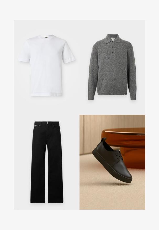 Jersey gris de punto con cuello tipo polo, tapeta con cinco botones, mangas largas y puños de canalé; presenta una tela texturizada con sutiles motas.; Camiseta de algodón blanca con mangas cortas, escote redondo y una textura suave. No se observan patrones ni detalles.; Pantalones de mezclilla negros con un diseño de pierna ancha, que cuentan con cinco bolsillos y herrajes de botón metálico. Textura suave, sin patrones visibles.; Zapatilla casual negra de cuero con cordones, flotando sobre una alfombra beige, con una mesa de cristal ámbar redondeada en el fondo.