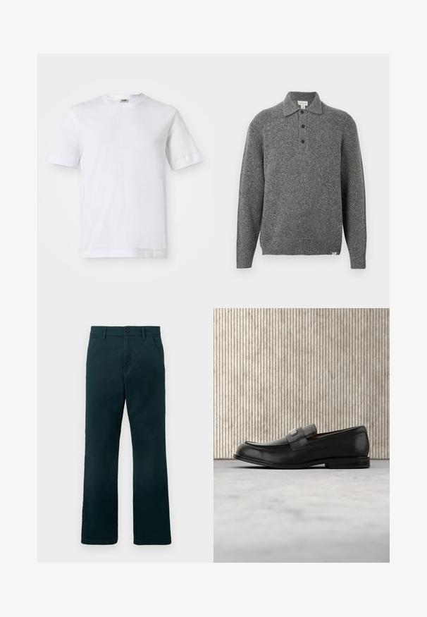 Jersey gris de punto con cuello tipo polo, tapeta con cinco botones, mangas largas y puños de canalé; presenta una tela texturizada con sutiles motas.; Camiseta de algodón blanca con mangas cortas, escote redondo y una textura suave. No se observan patrones ni detalles.; Pantalones rectos de color verde oscuro con pasadores para cinturón, bolsillos laterales y cierre de botón sobre un fondo blanco liso.; Mocasín de cuero negro con una placa metálica de marca apoyado cerca de una mesa redonda marrón sobre un suelo alfombrado beige.