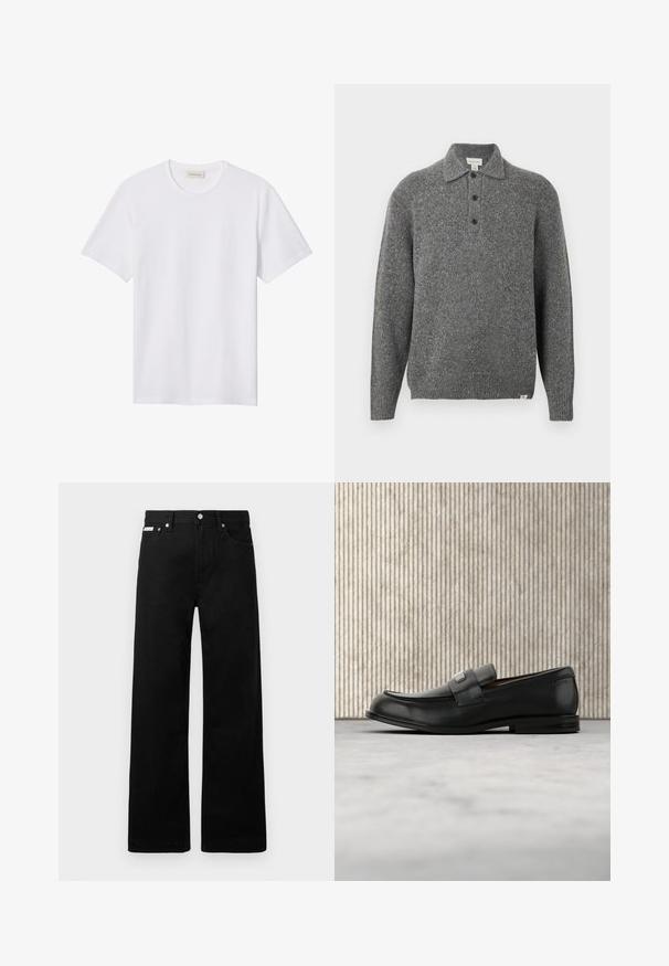 Grijze gebreide trui met een polokraag, knoopsluiting met vijf knopen, lange mouwen en geribbelde boorden; heeft een gestructureerde stof met subtiele kleurrijke vlekjes.; Effen wit T-shirt met korte mouwen en ronde hals, met een klein reliëflogo op de linkerborst en een merklabel binnenin de kraag.; Zwarte spijkerbroek met een wijd uitlopende pasvorm, voorzien van vijf zakken en metallic knopen. Gladde textuur, geen zichtbare patronen.; Zwarte leren loafer met een metalen merktekenplaatje, rustend bij een bruine ronde tafel op een beige tapijtvloer.