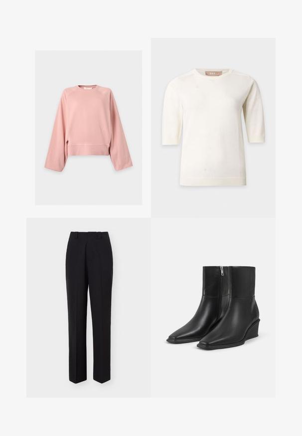 Hellrosa Sweatshirt mit langen Ärmeln, Rundhalsausschnitt und lockerem Schnitt, mit gerippten Bündchen und Saum, auf einfarbigem Hintergrund präsentiert.; Weißer kurzärmeliger Strickpullover mit Rundhalsausschnitt und gerippten Säumen, auf einem einfachen hellen Hintergrund dargestellt.; Schwarze, maßgeschneiderte, gerade geschnittene Hose mit Gürtelschlaufen und vorderen Bügelfalten, vor einem schlichten weißen Hintergrund dargestellt.; Paar schwarze Leder-Stiefeletten mit spitzen Zehen, Keilabsätzen und seitlichen Reißverschlussverschlüssen auf einfachem hellem Hintergrund.
