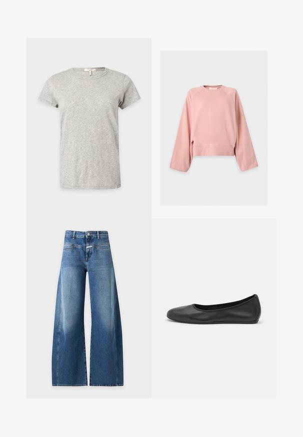 Sweat à manches longues rose clair avec col rond et coupe décontractée, doté de poignets et d'un ourlet côtelés, présenté sur un fond uni.; T-shirt gris clair à manches courtes et col rond avec un motif chiné subtil affiché sur un fond uni.; Jean bleu à jambes larges, taille haute, fermeture à bouton et à zip, passants de ceinture et détails délavés à l'avant.; Ballerines en cuir noir avec un bout rond, texture lisse, détails de couture minimalistes et design de semelle flexible.