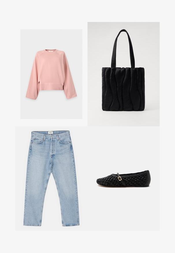 Lichtroze sweatshirt met lange mouwen, ronde hals en relaxed model, met geribde boorden en zoom, getoond op een effen achtergrond.; Lichtblauwe denim jeans met een klassieke rechte pasvorm, vijf zakken en een knoopsluiting, met subtiele vervaging en een stevige textuur.; Zwarte gevlochten platte schoen met een klein riempje en gouden gesp, afgeronde neus en stevige hak tegen een effen witte achtergrond.; Zwarte schoudertas van gewatteerde stof, met een golvend textuur, twee stevige handvatten en een rechthoekige vorm. Eenvoudig, modern ontwerp.