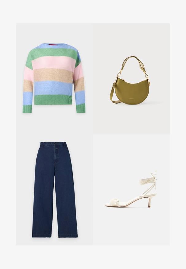 Strikket trøje med lange ærmer og vandrette striber i grøn, pink, beige og blå på en lys grå baggrund.; Bredde ben, mørkeblå denimbukser med høj talje, der har en frontlukning med knap og sidelommer. Blød tekstur med minimal detaljering.; Kremfarvet sandal med lave hæle, bindebånd om anklen og en bred snoet rem over tæerne på en ensartet hvid baggrund.; Grøn skuldertaske i læder med en buet form, der har en lås i guldton og justerbar rem. Glat tekstur med prægning af logo.
