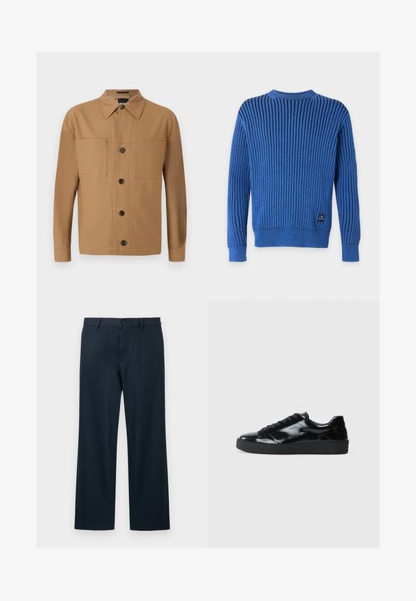Blå langærmet ribstrikket sweater med sorte lodrette striber og et lille sort mærke på den nederste forreste kant.; BOSS CRAIG - Skjorter - medium beige; Marineblå bukser med lige ben, bæltestropper, knaplukning og frontlynlås på en lys baggrund.; Sorte laklæder sneakers med rund tå, snørredesign, tekstureret gummisål og en glat overflade.