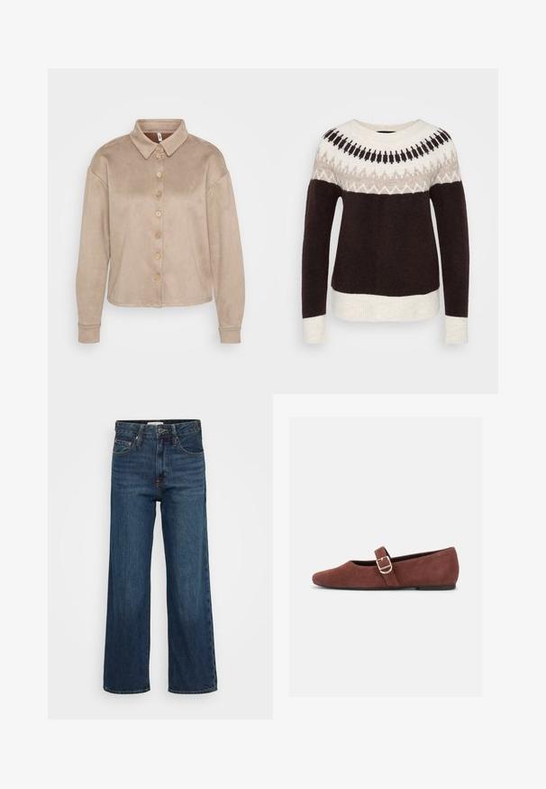 Pull à manches longues avec col rond, corps marron foncé, poignets et ourlet crème, et une empiècement à motif dans des tons crème, beige et noir.; Chemise beige à boutonnage avant en matériau doux semblable au daim. Elle présente un col, des manches longues et des boutons en bois sur le devant.; Jeans en denim bleu foncé avec une coupe droite, cinq poches, passants de ceinture et coutures visibles. Texture lisse, taille mi-haute.; Chaussure plate Mary Jane en suède marron avec une bride à boucle dorée et une semelle noire sur fond blanc.
