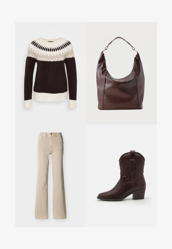 Langärmliger Rundhalsausschnitt-Pullover mit dunkelbraunem Körper, cremefarbenen Säumen und einem gemusterten Schulterbereich in cremigen, beige und schwarzen Tönen.; Beige hochtaillierte Jeans mit vorderer Knopfleiste und Reißverschluss, fünf Taschen und leicht ausgestelltem Bein vor einfarbigem Hintergrund.; Braune Leder-Cowboy-Stiefel mit spitzen Zehen, geprägten Flügelmotiven, einem mittelhohen Blockabsatz und einer Zuglasche auf der Rückseite.; Dunkelbraune Leder-Schultertasche mit einem einzelnen verstellbaren Riemen, einer leicht gebogenen Oberseite und einem Reißverschluss an einer Seite.