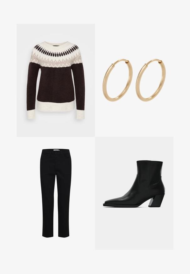 Langärmliger Rundhalsausschnitt-Pullover mit dunkelbraunem Körper, cremefarbenen Säumen und einem gemusterten Schulterbereich in cremigen, beige und schwarzen Tönen.; Schwarze Baumwollhose mit geradem Schnitt. Verfügt über fünf Taschen und einen vorderen Knopfverschluss. Glatte Textur, minimale Nähdetails.; Schwarze Leder-Stiefelette mit spitzem Zeh, schlanker Silhouette und klobigem quadratischem Absatz. Glatte Textur mit minimalen Nähdetails.; Goldene Creolen mit einer glatten, polierten Oberfläche. Abgerundete Form, mittlere Größe, ausgestattet mit einem sicheren Verschlussmechanismus.