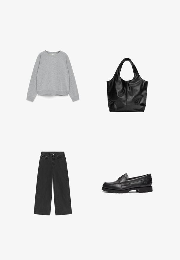 Grå sweatshirt lavet af tekstureret stof, med rund halsudskæring, lange raglanærmer og en let cropped kant.; Sorte jeans med vide ben, fem lommer, knaplukning og bæltestropper, vist fladt på en hvid baggrund.; Timberland Loafers - black; Sort læder tote taske med en glat overflade, en blød, afrundet top og brede håndtag. Har minimal syning og en afslappet silhuet.