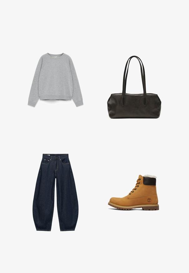 Grå sweatshirt lavet af tekstureret stof, med rund halsudskæring, lange raglanærmer og en let cropped kant.; Mørkeblå vidde jeans med frontlommer, bæltestropper og knaplukning i taljen.; Brune læder ankelstøvle med en mørkebrun polstret krave, metaløjer og en tekstureret, holdbar sål. Har et logo nær hælen.; Sort lædertaske i rektangulær form med lange dobbelte skulderremme og en struktureret overflade, vist mod en ensfarvet hvid baggrund.
