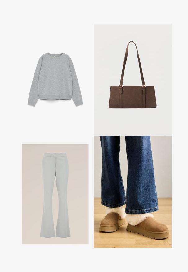 Grijze sweatshirt gemaakt van gestructureerde stof, met een ronde halslijn, lange raglanmouwen en een licht verhoogde zoom.; Lichtgrijze uitlopende broek van een gladde stof, met een aansluitende taille en zijzakken, voorzien van een persnaad aan de voorkant voor extra structuur.; Bruine suède pantoffels met een dikke lichtkleurige bontkraag, geplaatst op een beige platformzool, in combinatie met wijde denim jeans.; Bruine rechthoekige schoudertas met lange riemen en minimale stikdetails op een effen achtergrond.