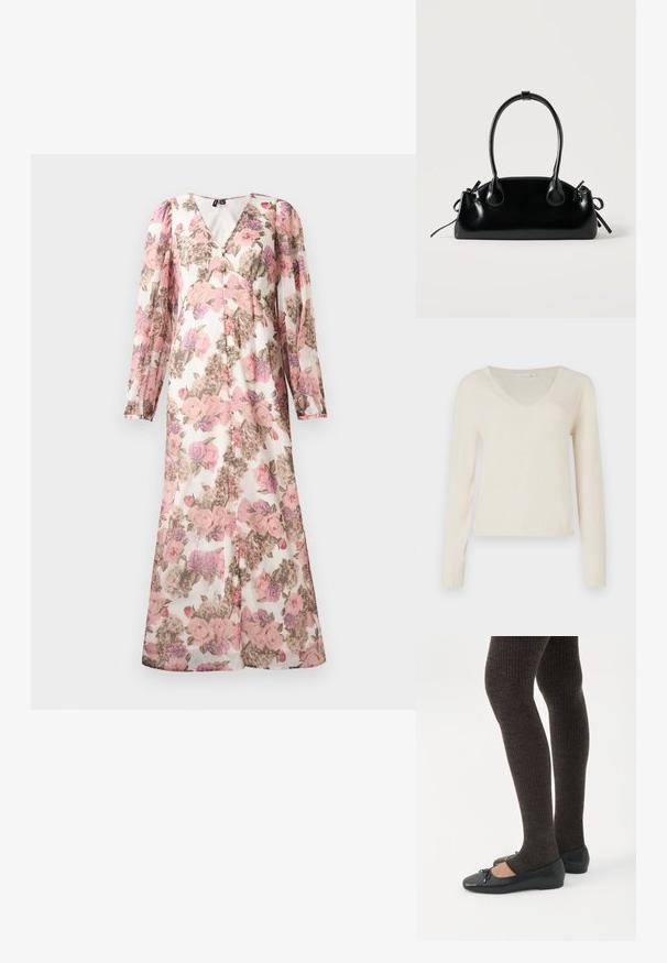 Cremefarvet V-hals langærmet sweater med ribbede manchetter og kant, præsenteret mod en ensfarvet hvid baggrund.; Lang blomsterkjole med pink, lilla og beige blomster, lange pufærmer, V-halsudskæring og knaplukning foran.; Ben iført mørke ribbede leggings kombineret med sorte balletsko med små sløjfedetaljer på hvid baggrund.; Lille sort blank håndtaske med to lange håndtag og snøre-detaljer i siden på en ensfarvet lys baggrund.
