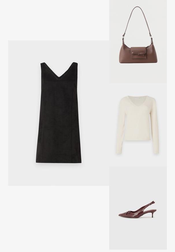 Cremefarvet V-hals langærmet sweater med ribbede manchetter og kant, præsenteret mod en ensfarvet hvid baggrund.; Sort ærmeløs kjole med V-udskæring, fremstillet af et blødt materiale, med en lige pasform og minimal detaljering. Glat tekstur.; Bordeaux læder slingback hæl med spidse tå, justerbar rem og dekorativ sløjfedetalje foran. 7,5 cm hælhøjde.; Brun skuldertaske i læder med en frontlomme med klap, der har en sydd sløjfedetalje, og en justerbar rem.
